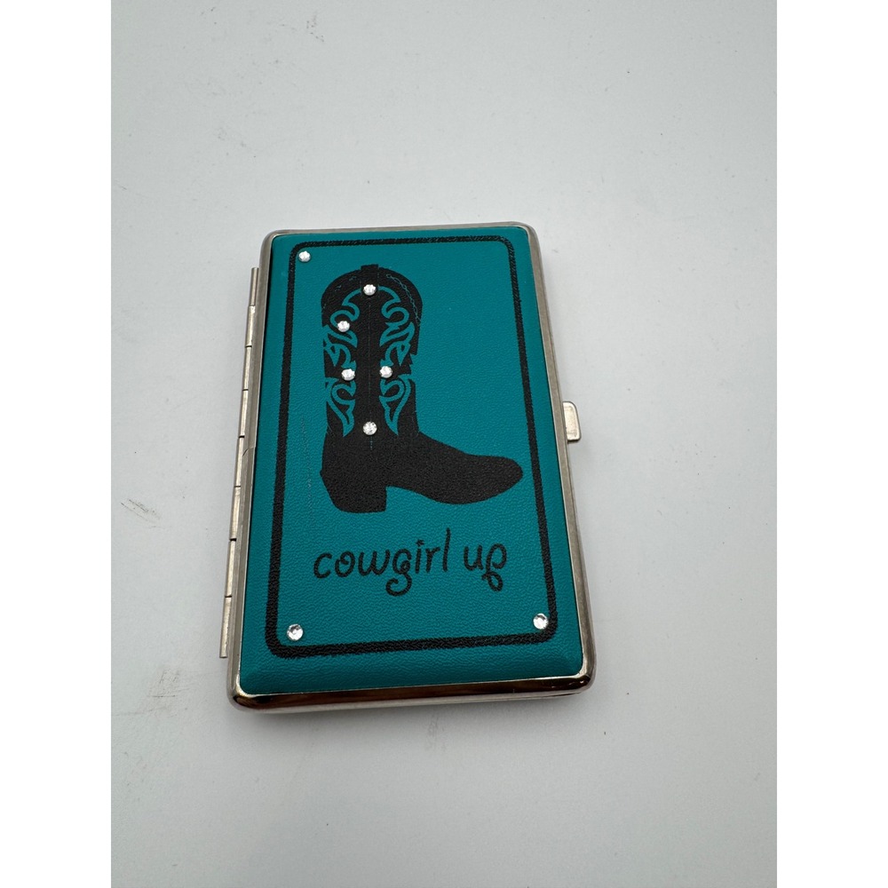 Teal Cowgirl Up Cowboy Boot Rhinestone‎ Metal Cigarette Case Card Holder Bling